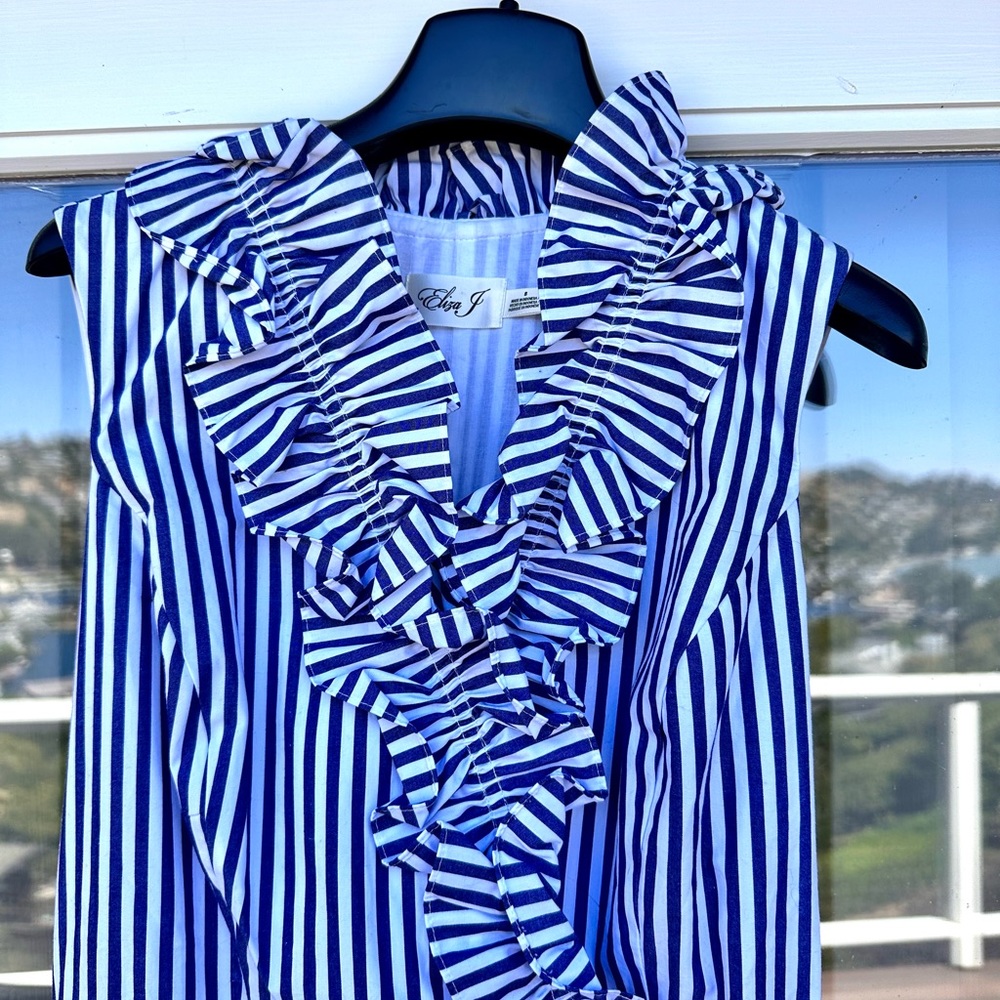 NWT Eliza J Navy Striped Ruffle Neck Sleeveless Dress Fit & Flare Midi Size 8